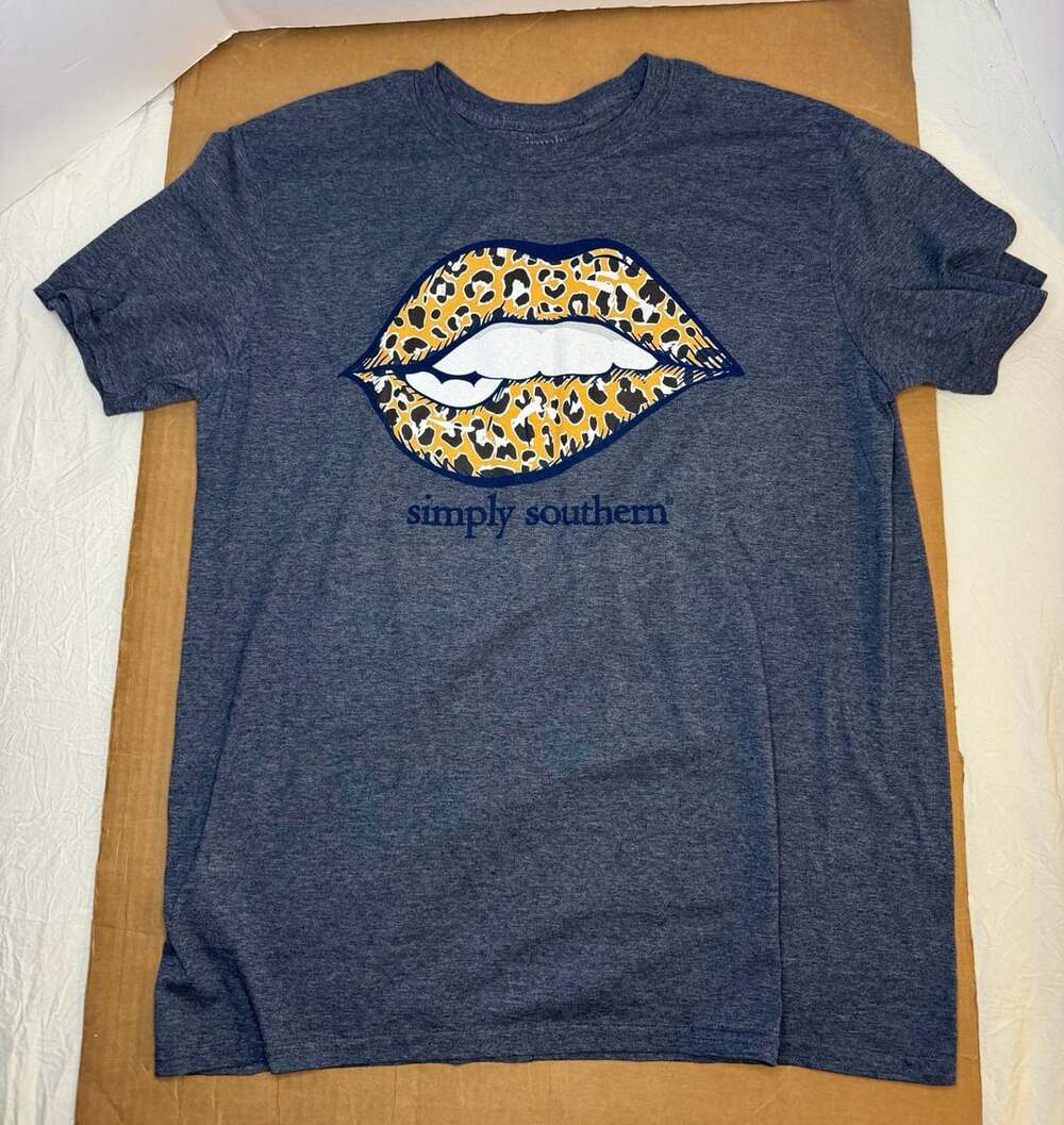 Simply Southern Leopard Lip Graphic T-Shirt Heather Navy Size L